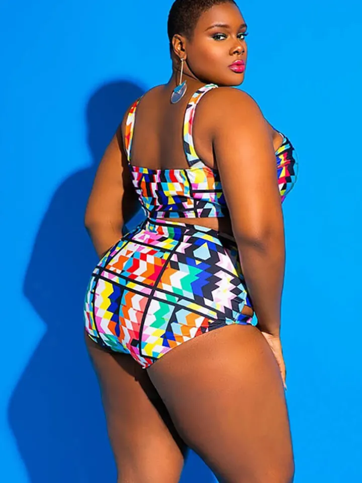 One Piece Hollow Out Geometric Print Swimsuit