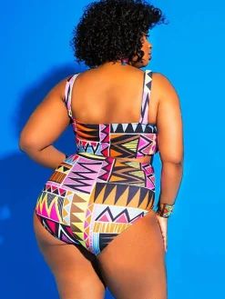 One Piece Hollow Out Geometric Print Swimsuit