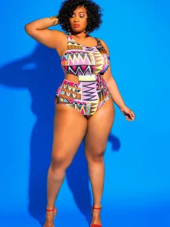 One Piece Hollow Out Geometric Print Swimsuit