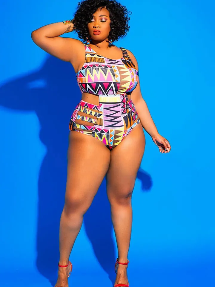 One Piece Hollow Out Geometric Print Swimsuit