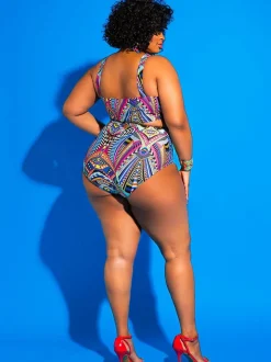 One Piece Hollow Out Geometric Print Swimsuit