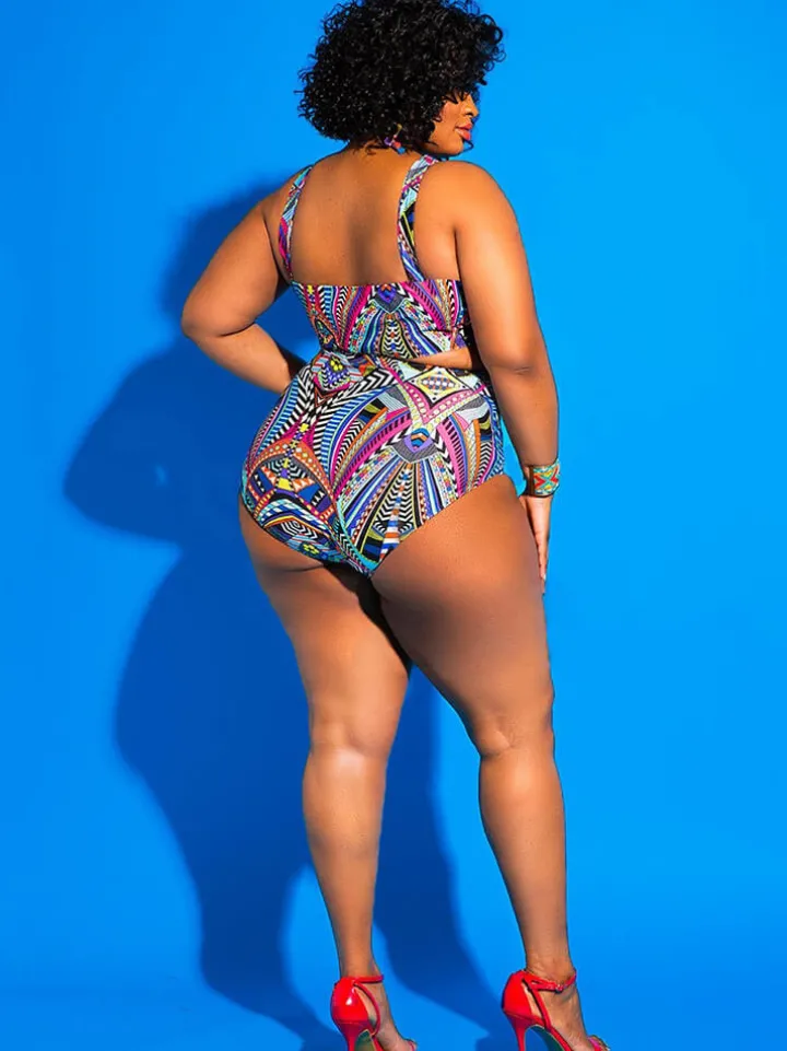 One Piece Hollow Out Geometric Print Swimsuit