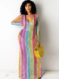 One Piece Multicolor Stripe Fishnet Cover Up Maxi Dress
