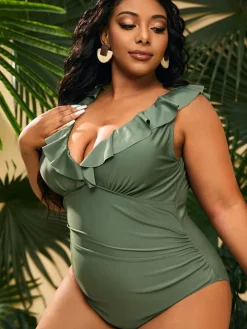 One Piece Sleevelesss Ruffle Bodycon Swimsuit