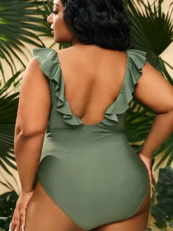 One Piece Sleevelesss Ruffle Bodycon Swimsuit