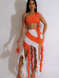 One Shoulder Crop Top with Fringed Mini Skirt Set