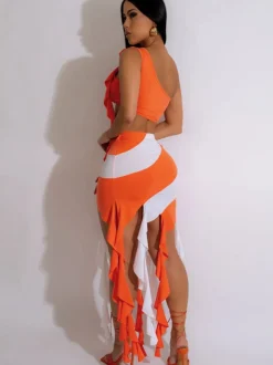 One Shoulder Crop Top with Fringed Mini Skirt Set