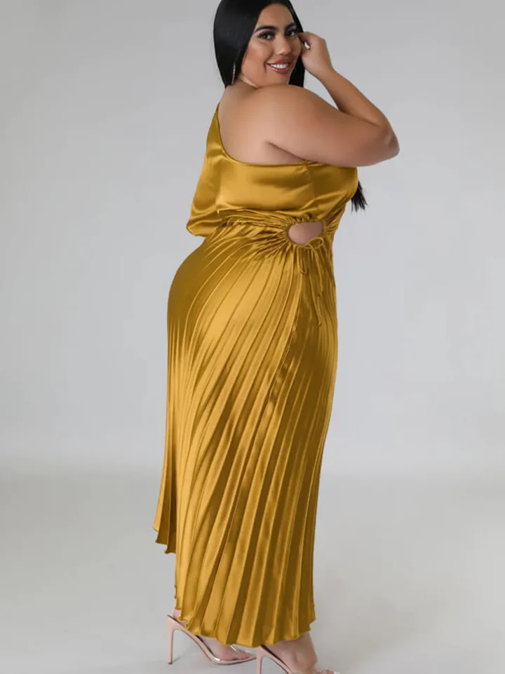 One Shoulder Lace Up Ruched Maxi Dress