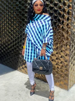 One Shoulder Plaid Print Bodycon Top