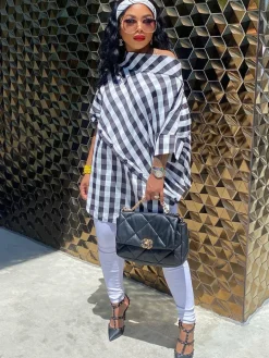 One Shoulder Plaid Print Bodycon Top