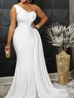 One Shoulder Pleated Bodycon Maxi Dress