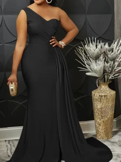 One Shoulder Pleated Bodycon Maxi Dress