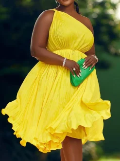 One Shoulder Pleated Swing Belted Midi Dress