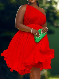 One Shoulder Pleated Swing Belted Midi Dress