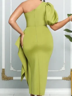 One Shoulder Puff Sleeve Ruffle Slit Dress