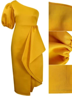 One Shoulder Puff Sleeve Ruffle Slit Dress