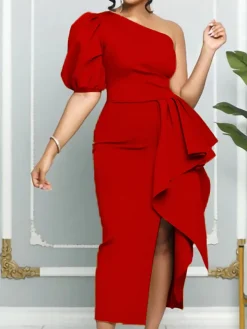 One Shoulder Puff Sleeve Ruffle Slit Dress