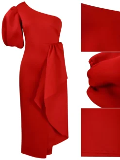 One Shoulder Puff Sleeve Ruffle Slit Dress