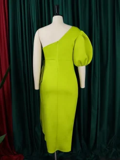 One Shoulder Puff Sleeve Ruffle Slit Dress