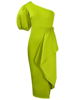 One Shoulder Puff Sleeve Ruffle Slit Dress