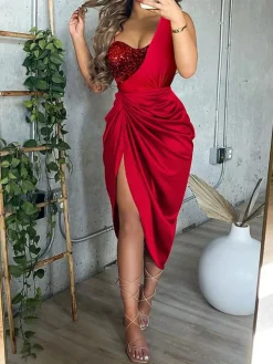 One Shoulder Ruched Split Midi Dress