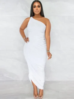 One Shoulder Sleeveless Backless Ruched Maxi Dress