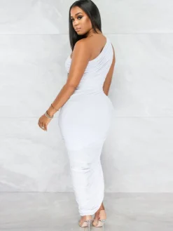 One Shoulder Sleeveless Backless Ruched Maxi Dress