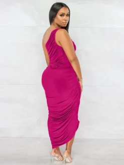 One Shoulder Sleeveless Backless Ruched Maxi Dress