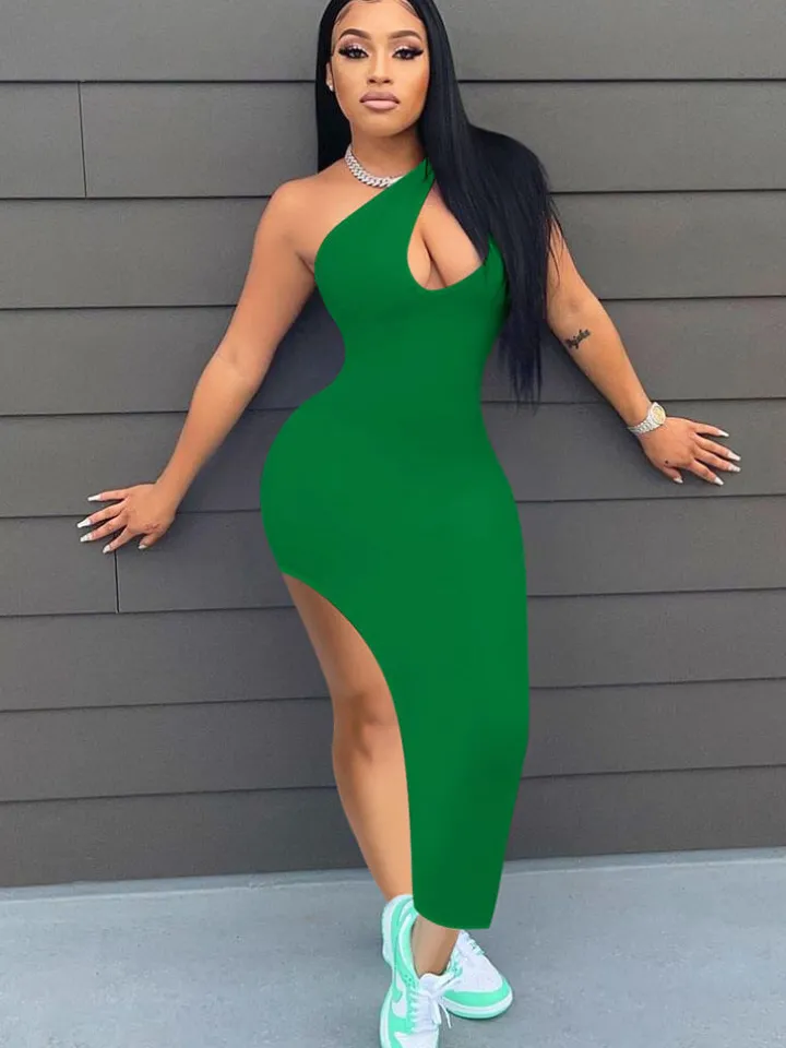One Shoulder Sleeveless High Slit Midi Dress