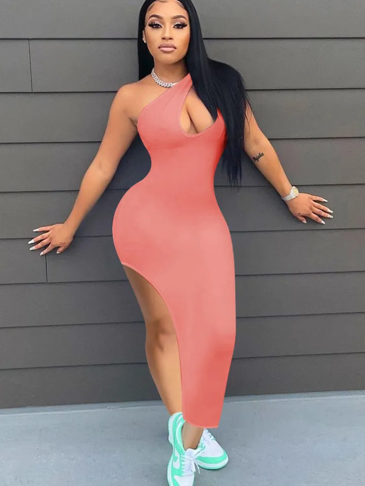 One Shoulder Sleeveless High Slit Midi Dress