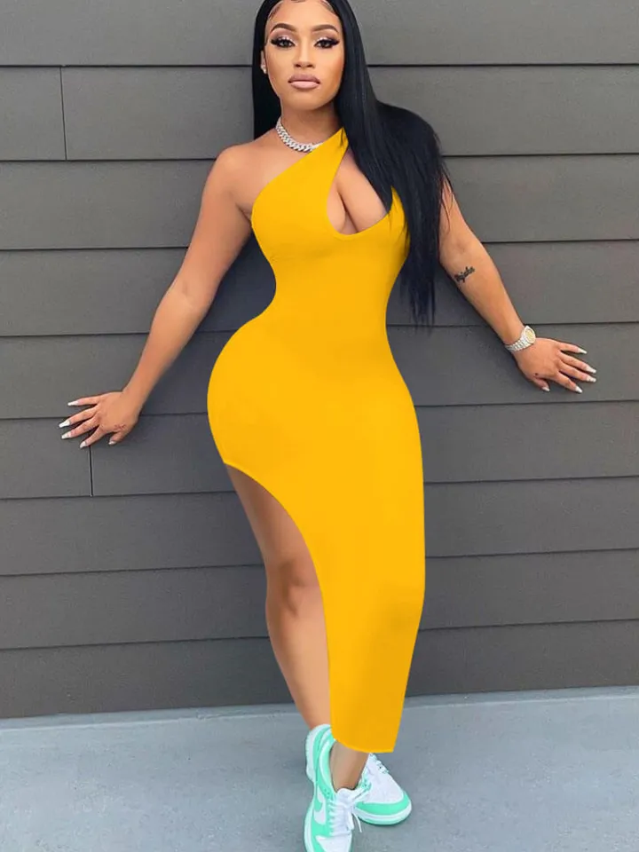 One Shoulder Sleeveless High Slit Midi Dress