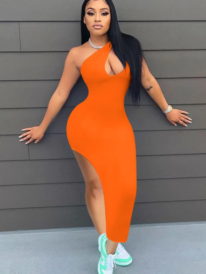 One Shoulder Sleeveless High Slit Midi Dress