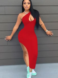 One Shoulder Sleeveless High Slit Midi Dress