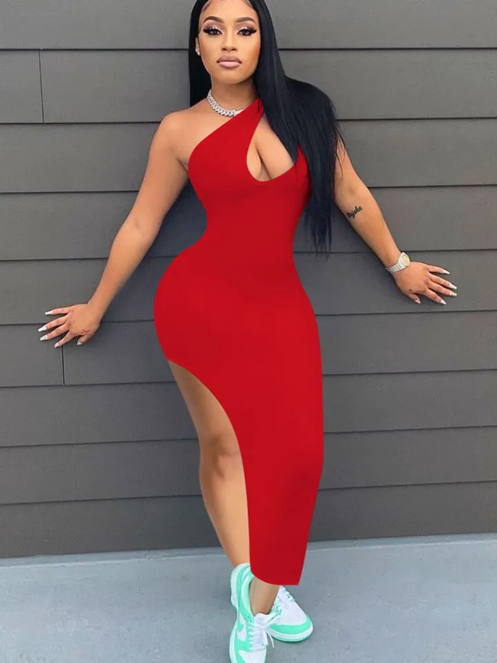 One Shoulder Sleeveless High Slit Midi Dress