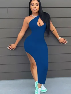 One Shoulder Sleeveless High Slit Midi Dress