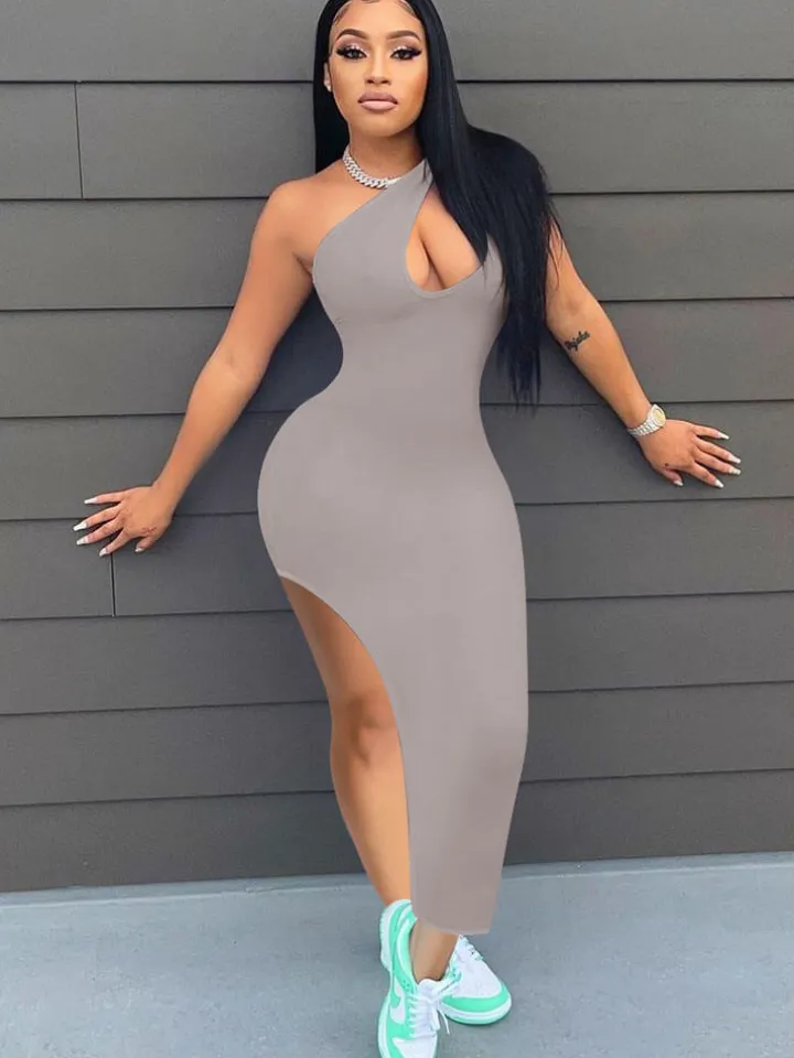 One Shoulder Sleeveless High Slit Midi Dress