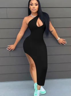 One Shoulder Sleeveless High Slit Midi Dress