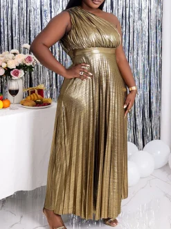 One-Shoulder Glitter Pleated Maxi Dress