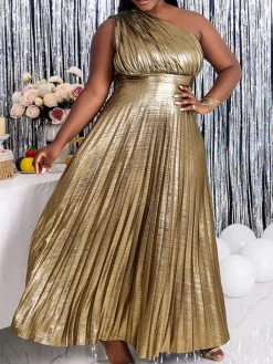 One-Shoulder Glitter Pleated Maxi Dress