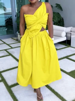 One-Shoulder Ruched Petal Cutout Dress
