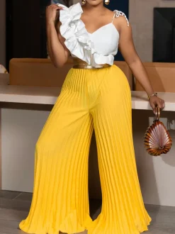 One-Shoulder Ruffle Pleated Pants Set