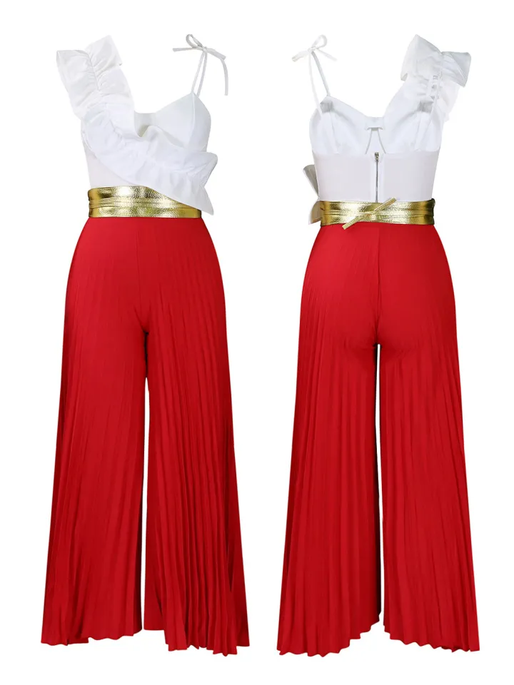 One-Shoulder Ruffle Pleated Pants Set