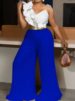 One-Shoulder Ruffle Pleated Pants Set