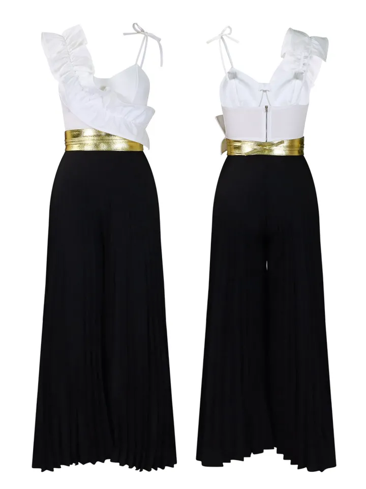 One-Shoulder Ruffle Pleated Pants Set