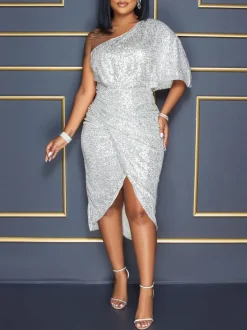 One-Shoulder Sequin Wrap Midi Dress