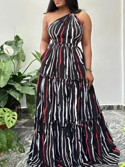 One-Shoulder Striped Backless Maxi Dress