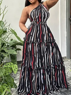 One-Shoulder Striped Backless Maxi Dress