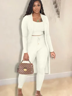 Open Front Cardigan Long Pants Three Piece Outfits