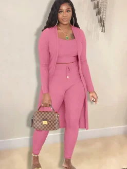 Open Front Cardigan Long Pants Three Piece Outfits