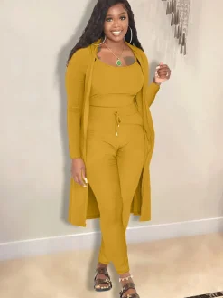 Open Front Cardigan Long Pants Three Piece Outfits